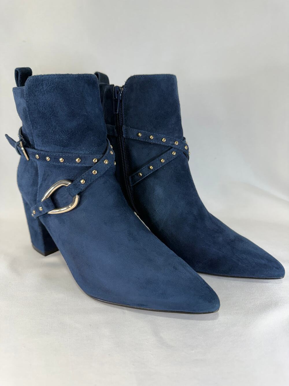 White House Black Market Navy Blue Suede Studded Harness Ankle Boots Women 5.5M